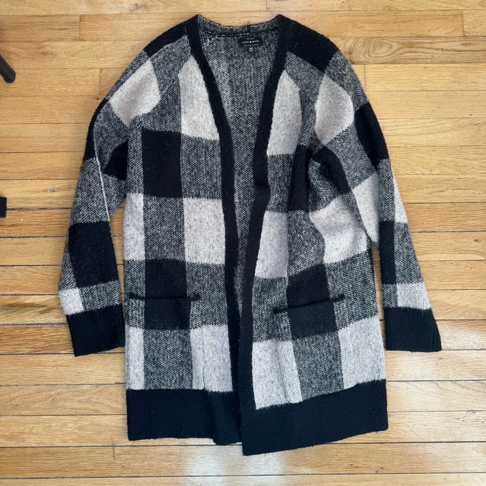 Lucky Brand Black Ivory Buffalo Plaid Open Front Wool Blend Cardigan - Picture 4 of 8